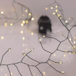 Catena luminosa Cluster accesa: mini LED bianco caldo ravvicinati su cavo verde ramificato, con l’alimentatore nero appoggiato su un fondo chiaro
