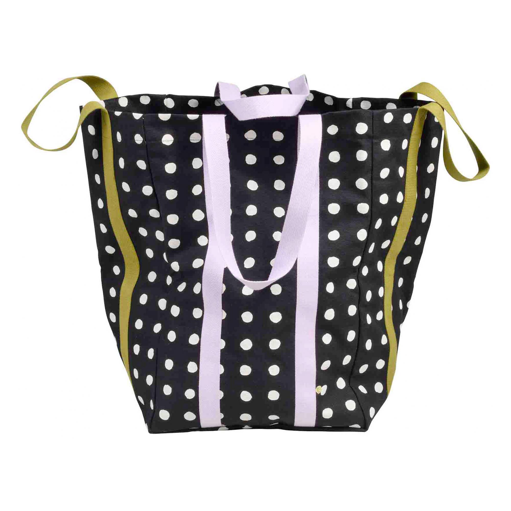 Borsa Maxi Poppins in cotone biologico nero a pois bianchi della stampa Mia Mia, con manici in nastro lilla e verde oliva, vista frontale su fondo bianco.