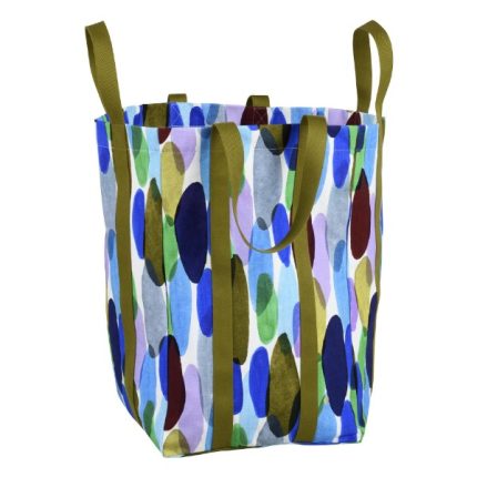 Campione della stampa Joy Joy Multicolore della Borsa Maxi Poppins: pennellate ovali blu, verdi, lilla e bordeaux su fondo bianco, manici verde oliva.