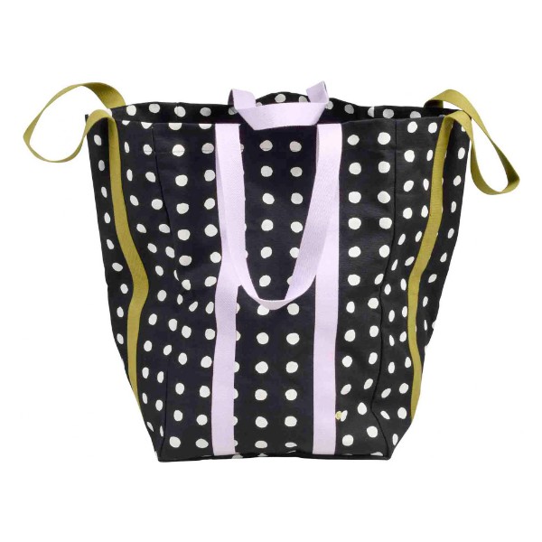 Campione della stampa Mia Mia Caviar della Borsa Maxi Poppins: cotone nero a pois bianchi con manici lilla e verde oliva.