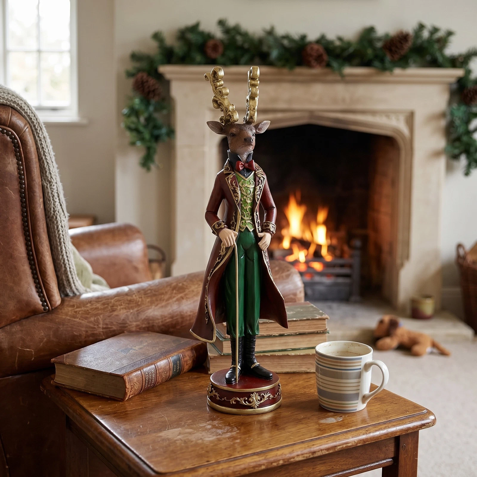 Il cervo in costume regale su un tavolo di legno davanti a un camino acceso decorato con una ghirlanda di abete, accanto a una tazza, due libri e una poltrona in pelle con plaid. Tavolo, camino, ghirlanda, tazza, libri, poltrona e plaid non sono compresi.