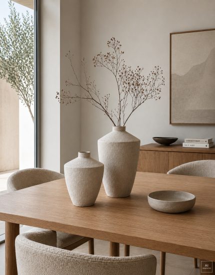 Ambientazione dei vasi Selena in ceramica avorio su un tavolo da pranzo in rovere: il formato grande con rami secchi e il formato piccolo accanto; la ciotola, i mobili e gli altri complementi della scena non sono inclusi. Immagine generata con AI