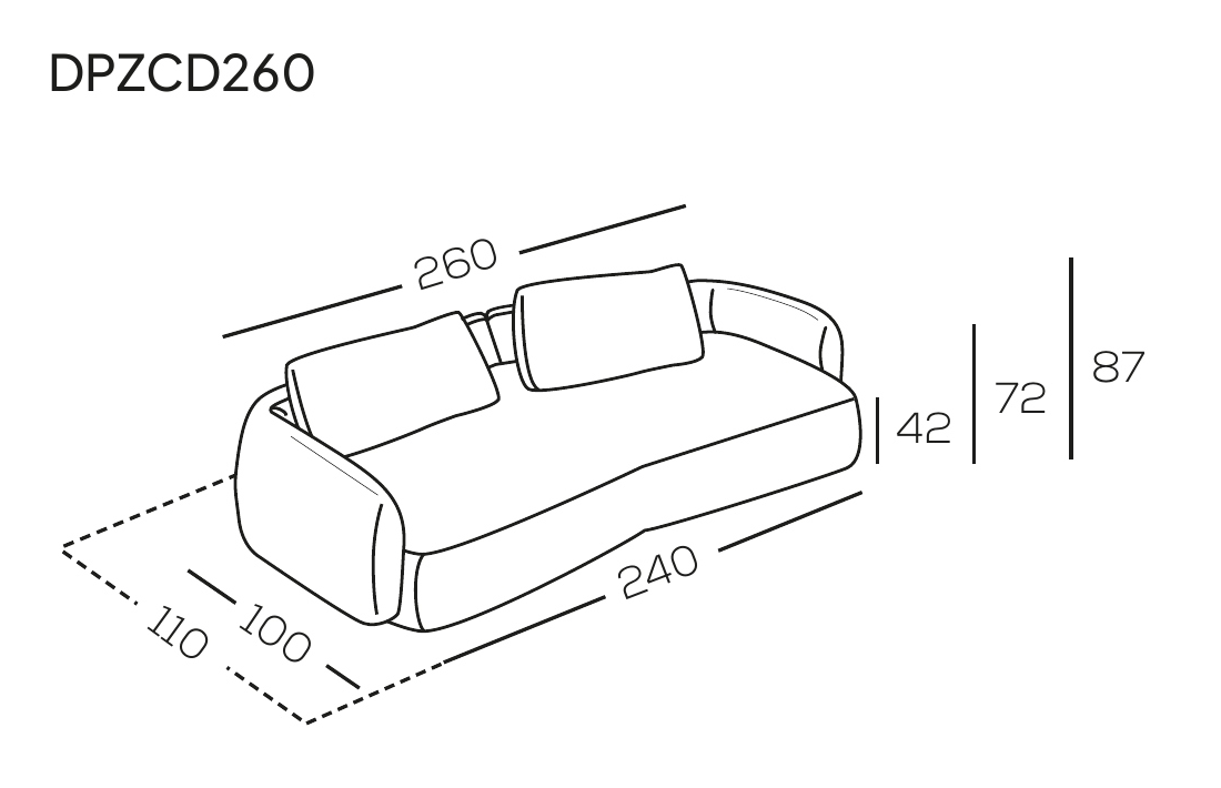 Disegno tecnico quotato del divano Duepuntozero 260 cm, codice DPZCD260: larghezza 260 cm, larghezza seduta 240 cm, profondità 110 cm, profondità laterale 100 cm, altezza 87 cm, altezza seduta 42 cm, profondità seduta 72 cm