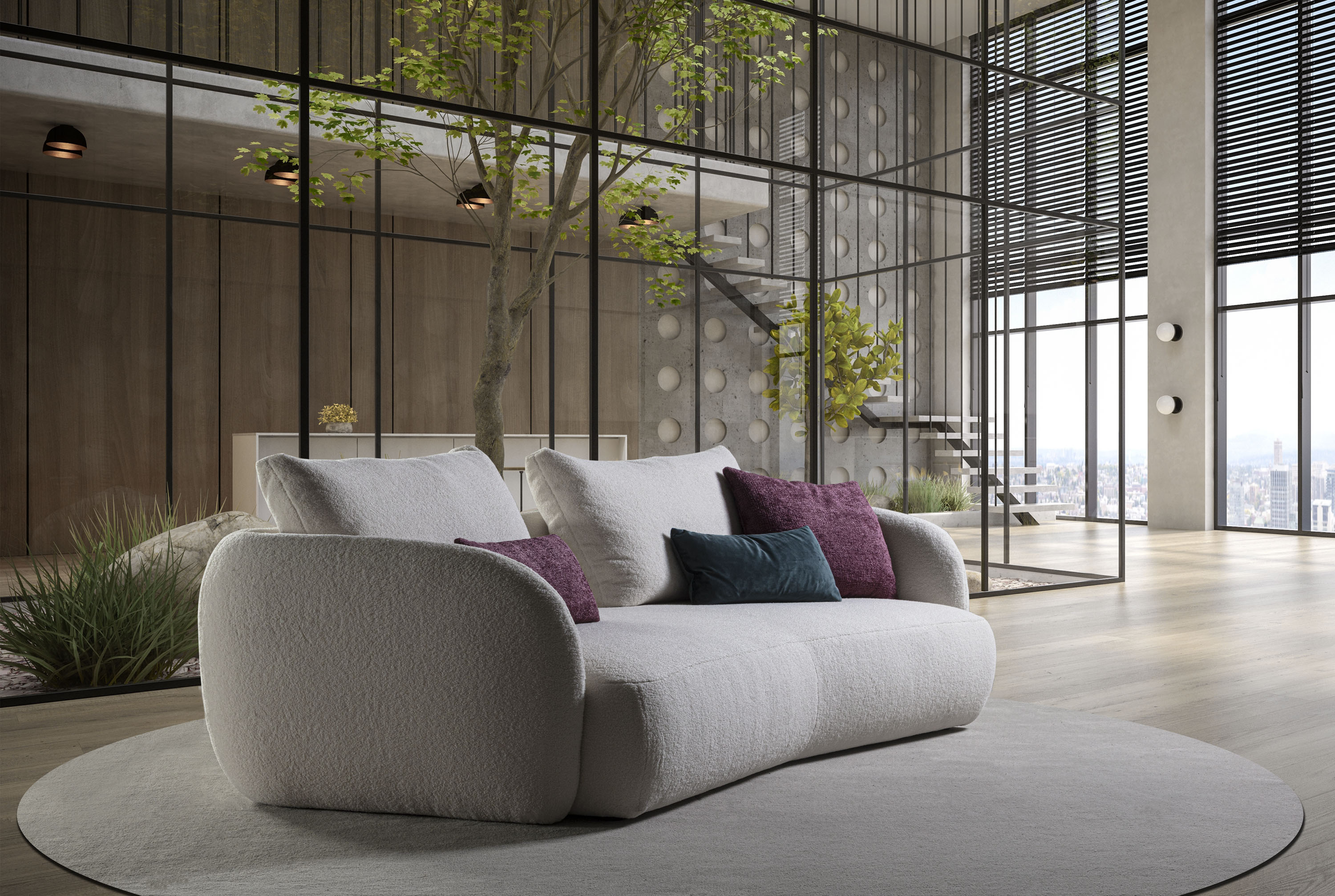 Divano Duepuntozero 260 cm in tessuto sfoderabile avorio in un living contemporaneo a doppia altezza, con vetrate a tutta parete, albero interno e tappeto chiaro