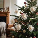 I fiocchi di neve in carta bianca appesi ai rami di un albero di Natale decorato, accanto a palline dorate, davanti a una finestra e a una poltrona con plaid. Albero, palline, poltrona, plaid e arredi non sono compresi.