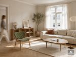 Poltrona Udalle in tessuto verde oliva in un soggiorno scandinavo con parquet a spina di pesce, divano beige, ulivo in vaso e luce naturale — immagine ambientata generata con AI