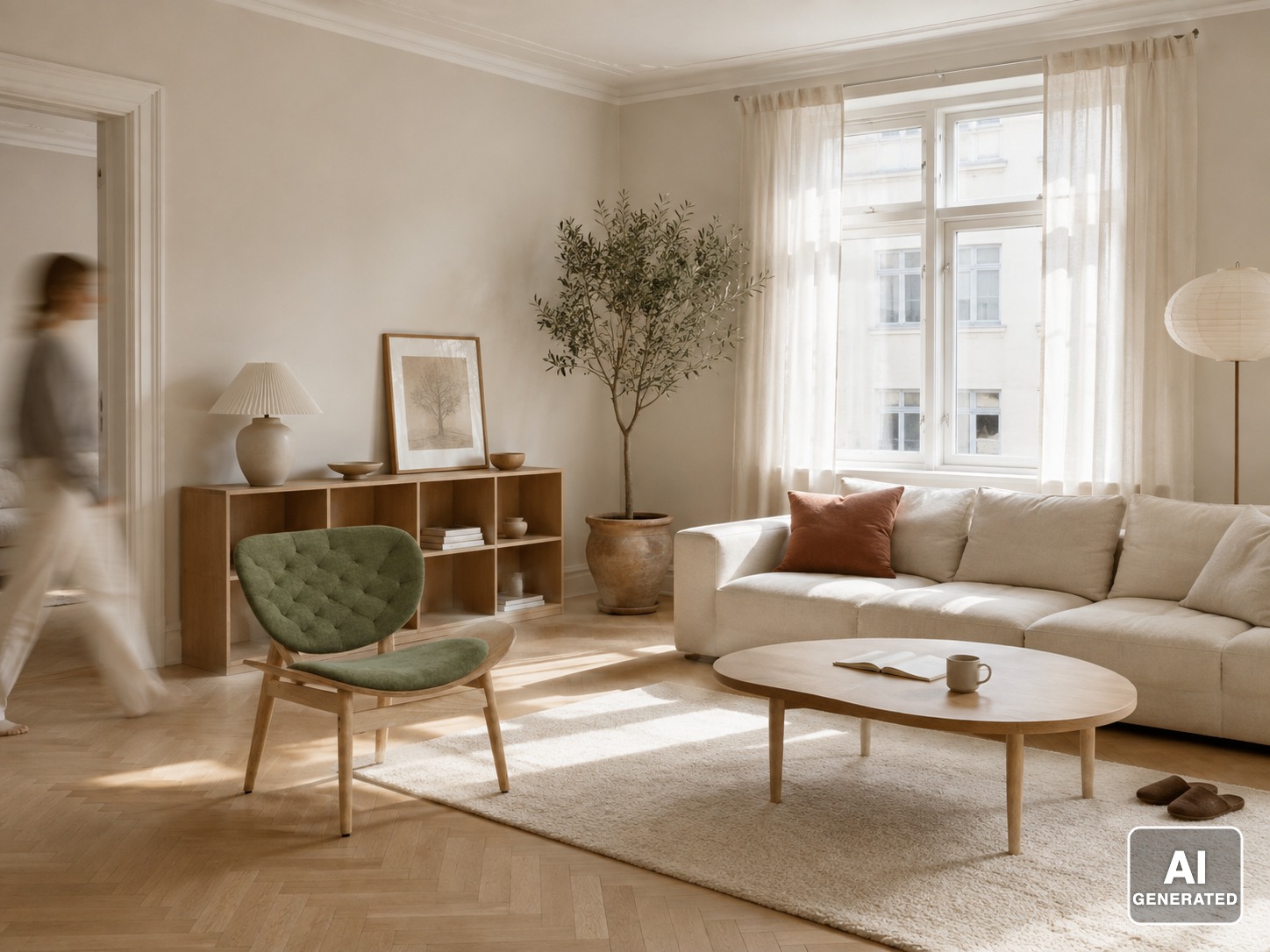 Poltrona Udalle in tessuto verde oliva in un soggiorno scandinavo con parquet a spina di pesce, divano beige, ulivo in vaso e luce naturale — immagine ambientata generata con AI