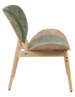 Profilo laterale della poltrona Udalle: schienale inclinato, seduta a conchiglia in legno curvato e gambe a compasso, altezza seduta 44 cm