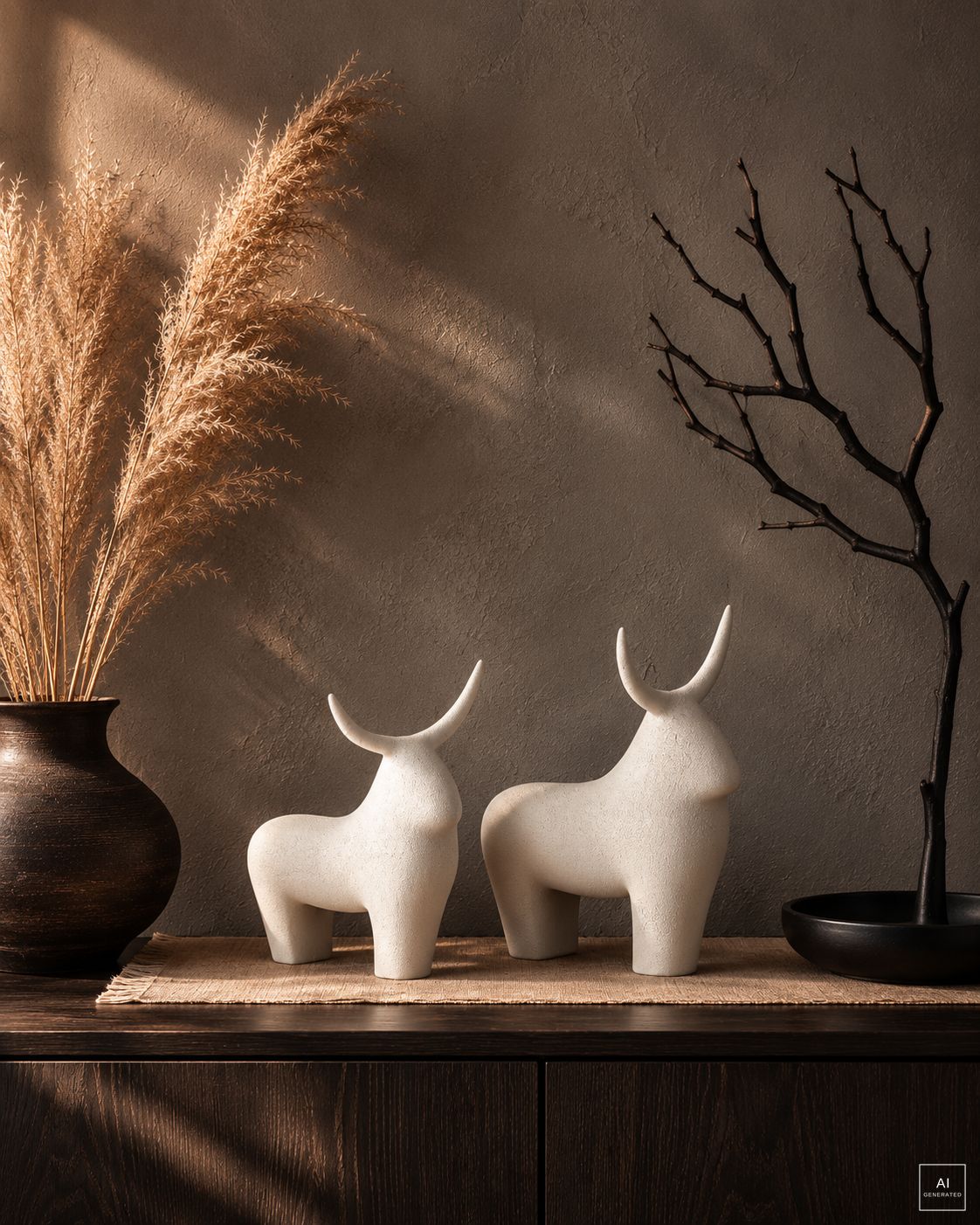 Immagine generata con AI. I due tori decorativi Tauro in ceramica sabbiata bianca, affiancati su una tovaglietta di juta sopra una credenza in legno scuro, davanti a una parete color tortora. Accanto, un vaso di terracotta scura con pampas, un ramo secco e una ciotola nera: vaso, pampas, ramo, ciotola, tovaglietta e credenza non sono compresi nella vendita, il prodotto è il set dei due tori.