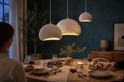 Immagine generata con AI. Le tre misure della sospensione Aeonic — 34, 40 e 50 cm — sospese sopra un tavolo tondo in legno chiaro apparecchiato per la cena, in una sala da pranzo con parete verde petrolio. Nell’allestimento compaiono tavolo, sedie, runner di lino, piatti in gres, bicchieri, posate, candele, un vaso con rami d’ulivo, pane, fichi, una credenza, un quadro, tende e un ulivo in vaso: nessuno di questi oggetti è compreso nell’acquisto, che riguarda la sola lampada nella misura scelta. Anche la lampadina non è compresa.