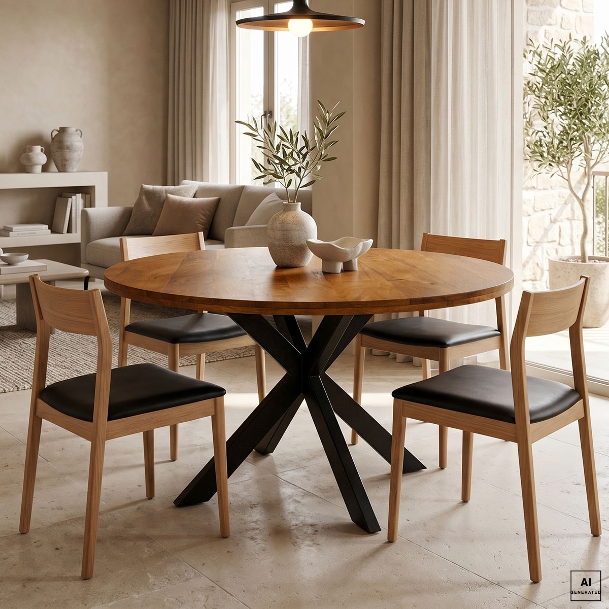 Immagine generata con AI: il tavolo rotondo Royalty in legno di mango noce con base a ragno nera in un soggiorno luminoso, apparecchiato con quattro sedie in legno chiaro e seduta nera; sedie, lampada, vasi e complementi non sono compresi nel prodotto