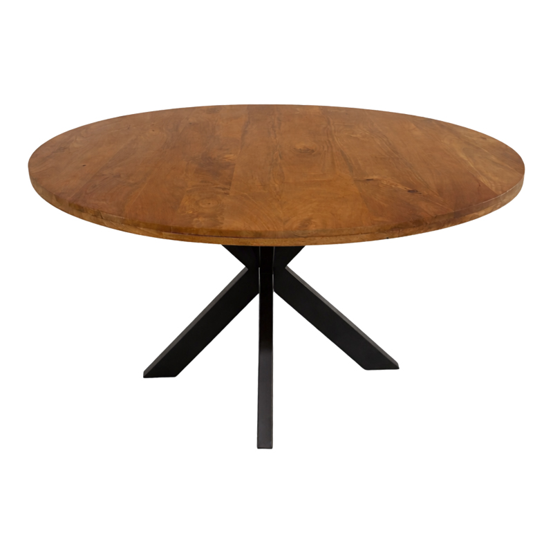Base a ragno in metallo verniciato nero del tavolo Royalty: quattro razze che si incrociano al centro sotto il piano tondo in legno massello di mango tinta noce