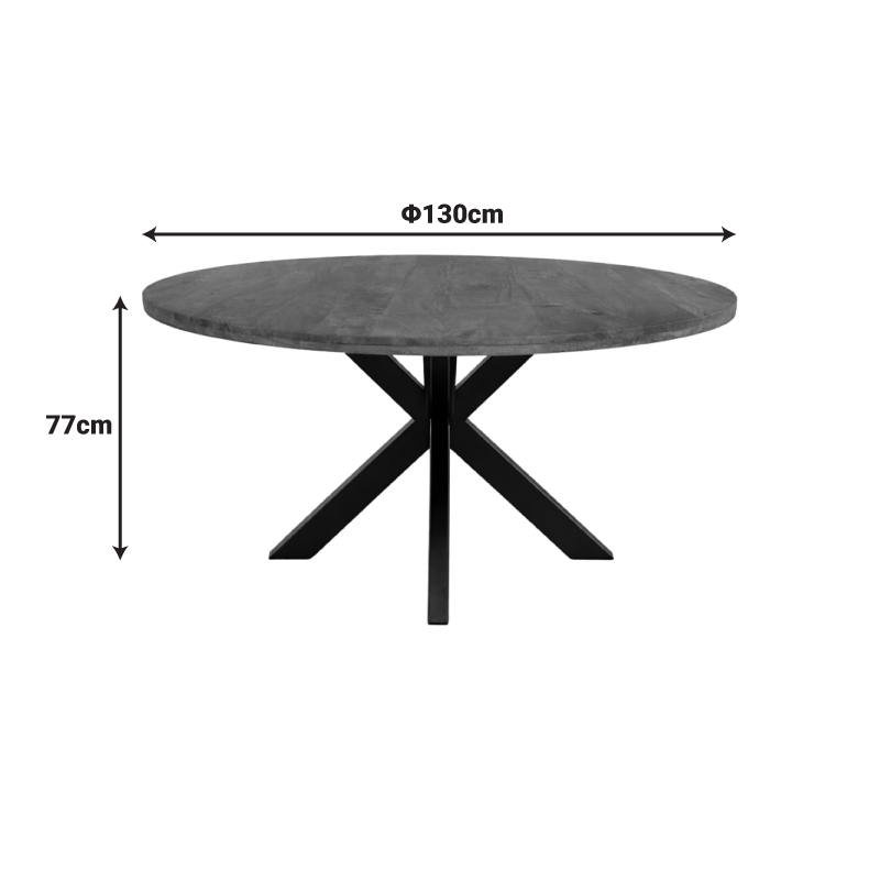 Disegno quotato del tavolo Royalty: piano rotondo di 130 cm di diametro (Φ130 cm) e altezza totale da terra di 77 cm