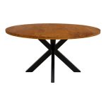 Tavolo da pranzo rotondo Royalty in legno massello di mango tinta noce con base a ragno in metallo nero, diametro 130 cm e altezza 77 cm, vista frontale su fondo bianco