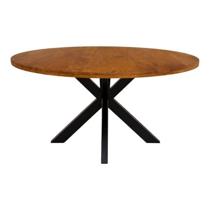 Tavolo da pranzo rotondo Royalty in legno massello di mango tinta noce con base a ragno in metallo nero, diametro 130 cm e altezza 77 cm, vista frontale su fondo bianco