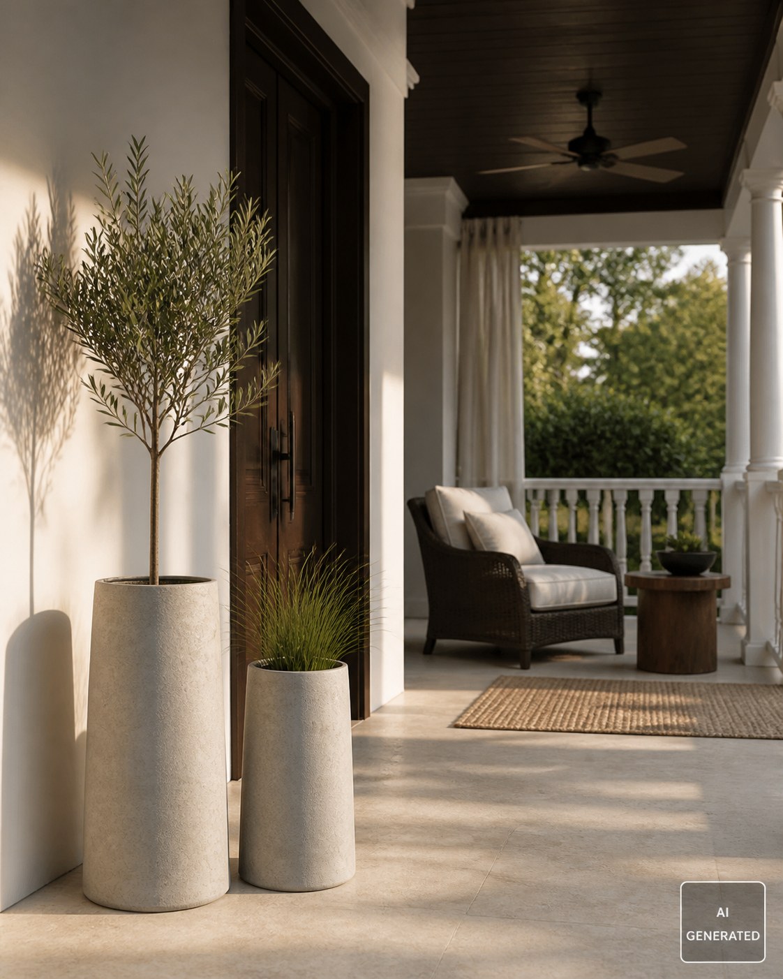 Immagine generata con AI: due vasi alti Gissel in ceramica sabbiata color naturale accanto alla porta d'ingresso di un portico; nel vaso grande un ulivo, nel piccolo un ciuffo di graminacee. Piante, arredi e tessuti non sono compresi nella vendita.