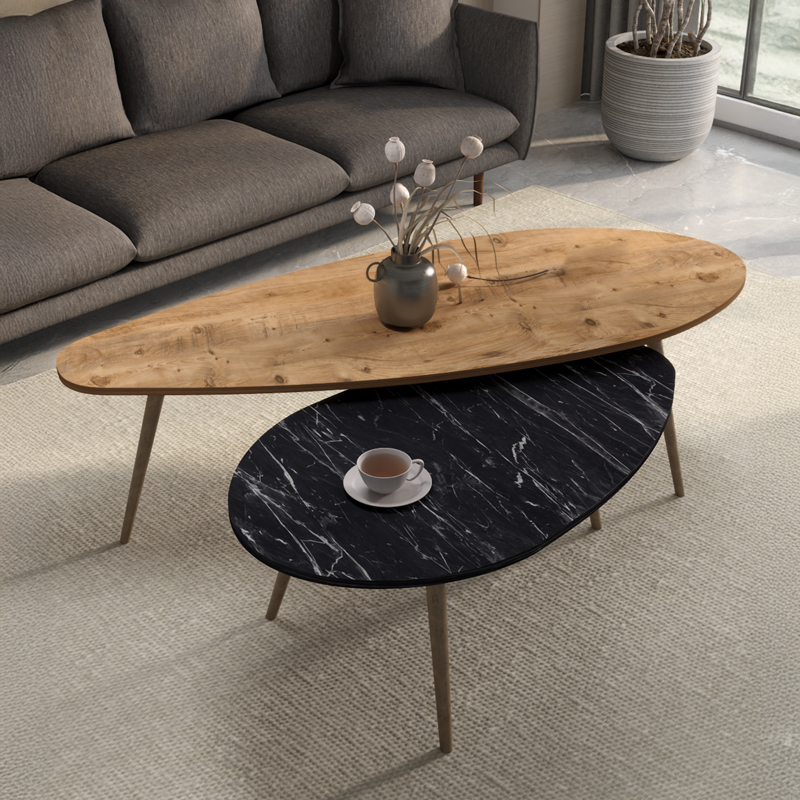 Set 2 tavolini ovali Monty in finitura naturale e marmo nero - immagine 4