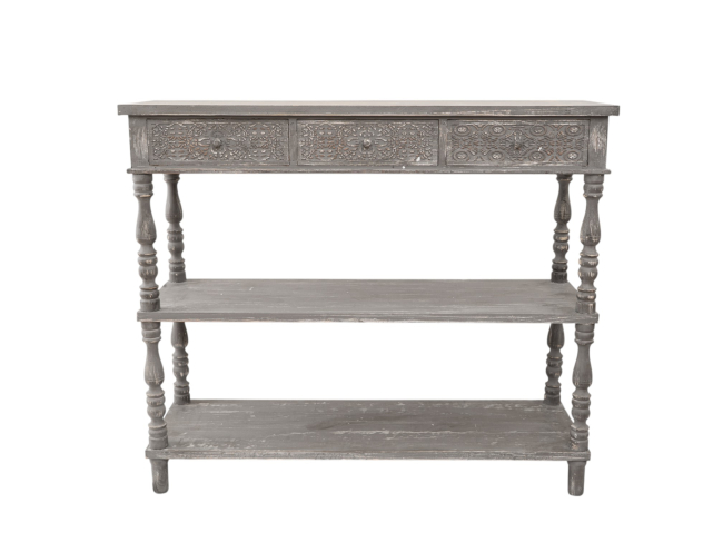 Consolle in legno decapato grigio con tre cassetti e due ripiani 120 × 40 × 97 cm