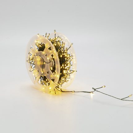 Catena luminosa Cluster da 20 m con 400 mini LED bianco caldo su filo di rame verde, confezione a rotolo, su fondo bianco