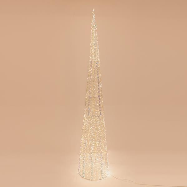 Cono luminoso di Natale iridescente in filo di rame argento con LED bianco caldo, su fondo bianco