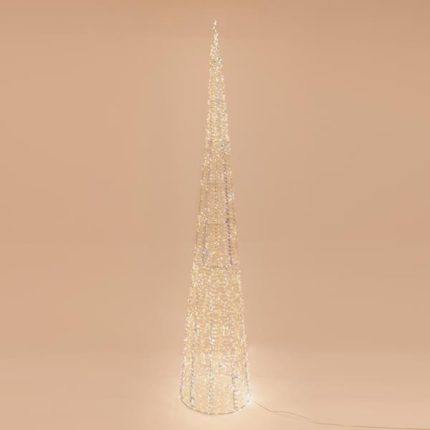 Cono luminoso di Natale iridescente in filo di rame argento con LED bianco caldo, su fondo bianco