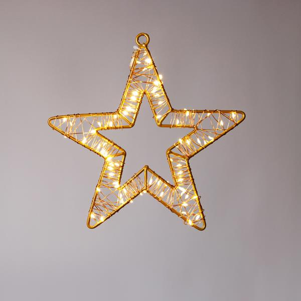 Stella luminosa di Natale con telaio in metallo bronzo e mini LED bianco caldo, su fondo bianco