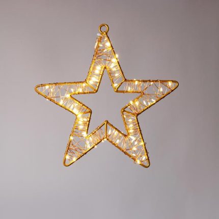 Stella luminosa di Natale con telaio in metallo bronzo e mini LED bianco caldo, su fondo bianco