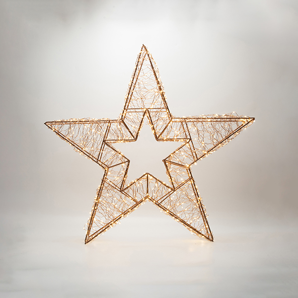 Stella luminosa di Natale in bronzo con timer e mini LED bianco caldo, su fondo bianco