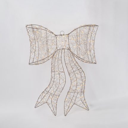 Fiocco luminoso di Natale 61 × 77 cm con telaio in metallo champagne e 600 mini LED bianco caldo, su fondo bianco