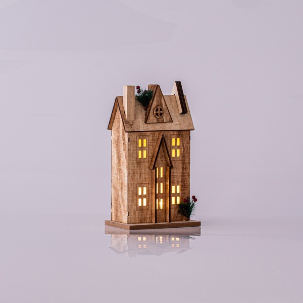 Casetta di Natale luminosa in legno beige 31 cm, fotografia del produttore: gli altri oggetti eventualmente presenti nella scena non sono compresi