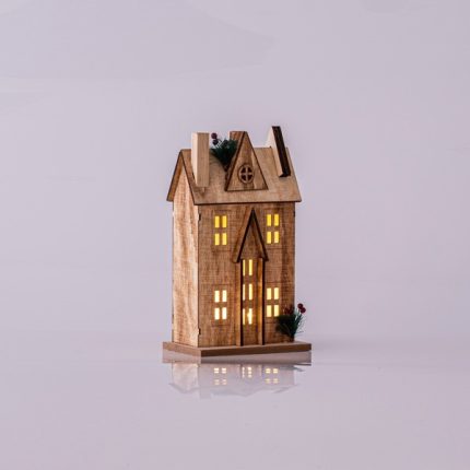 Casetta di Natale luminosa in legno beige 31 cm, fotografia del produttore: gli altri oggetti eventualmente presenti nella scena non sono compresi