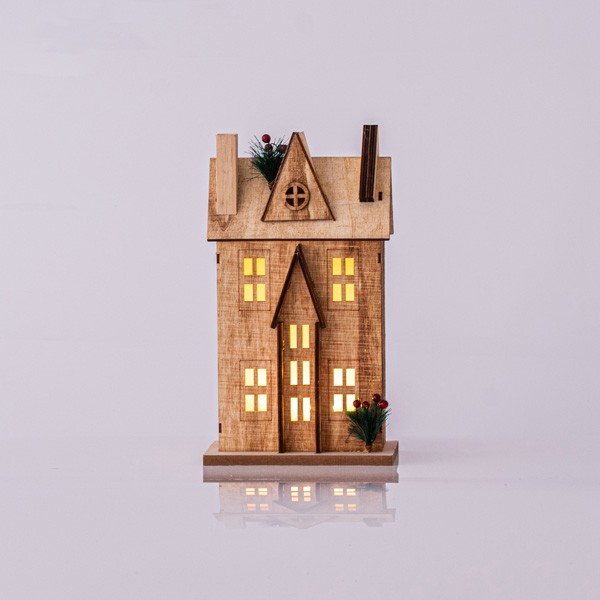 Casetta di Natale luminosa in legno beige 31 cm, fotografia del produttore: gli altri oggetti eventualmente presenti nella scena non sono compresi