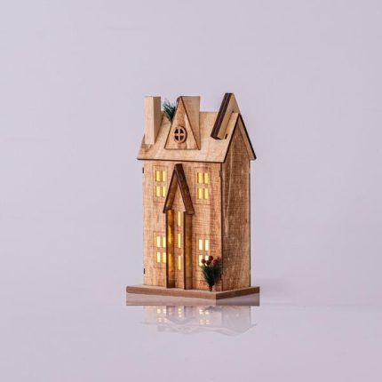 Casetta di Natale luminosa in legno beige 31 cm, fotografia del produttore: gli altri oggetti eventualmente presenti nella scena non sono compresi