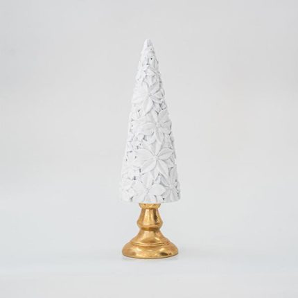 Alberello di Natale in velluto bianco con base oro, fotografia su fondo bianco