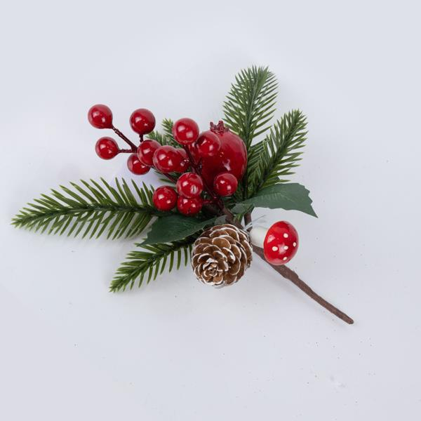 Pick natalizio con bacche rosse, mela e pigna 20 cm, fotografia su fondo bianco