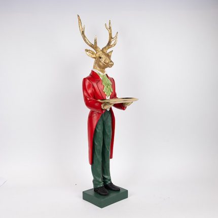 Renna decorativa rossa con vassoio in polyresina 99 cm, fotografia del produttore: gli altri oggetti eventualmente presenti nella scena non sono compresi