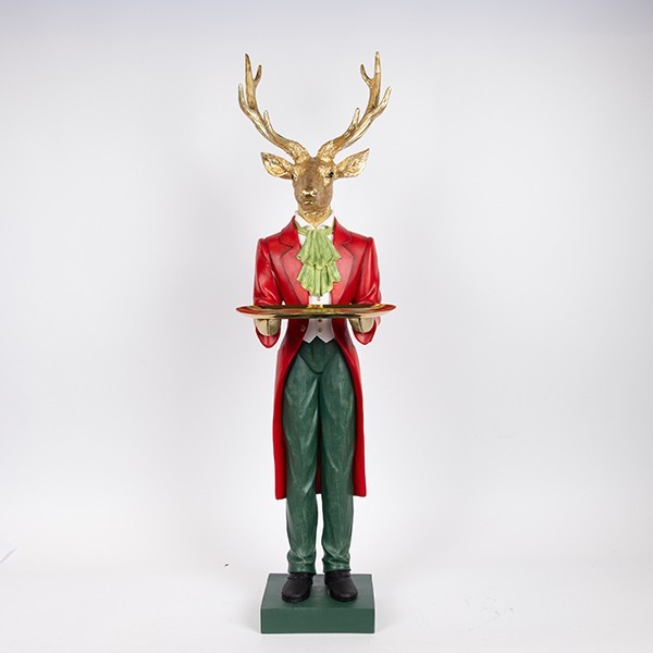 Renna decorativa rossa con vassoio in polyresina 99 cm, fotografia del produttore: gli altri oggetti eventualmente presenti nella scena non sono compresi