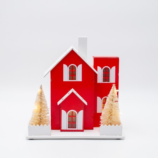 Casetta di Natale luminosa in legno rossa e bianca, fotografia del produttore: gli altri oggetti eventualmente presenti nella scena non sono compresi