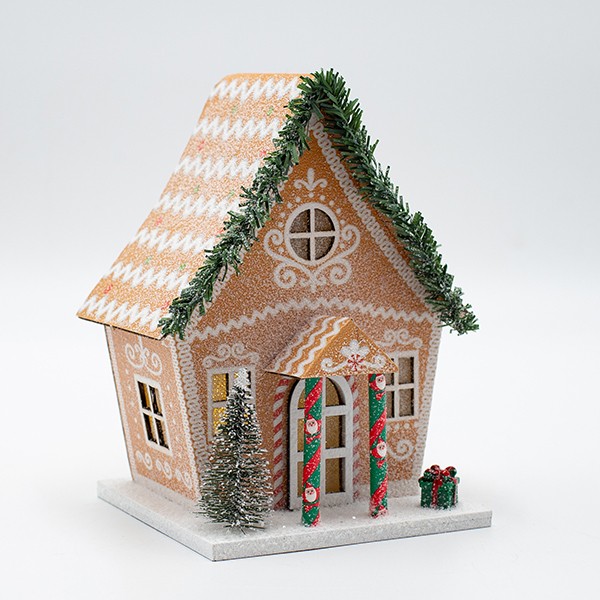 Casetta di Natale luminosa in carta marrone 16 cm, fotografia del produttore: gli altri oggetti eventualmente presenti nella scena non sono compresi