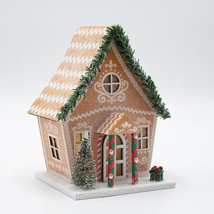 Casetta di Natale luminosa in carta marrone 16 cm, fotografia del produttore: gli altri oggetti eventualmente presenti nella scena non sono compresi