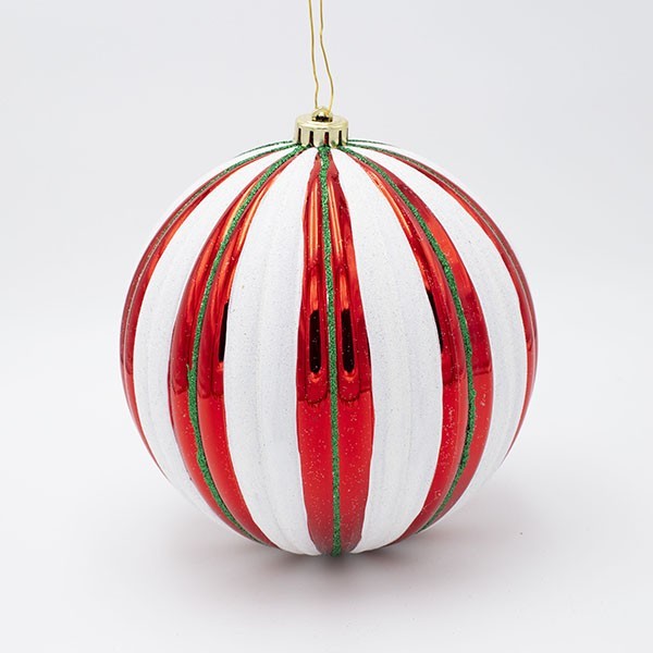 Due palline di Natale in plastica rosse a righe bianche e verdi da 20 cm, fotografia del produttore: gli altri oggetti eventualmente presenti nella scena non sono compresi