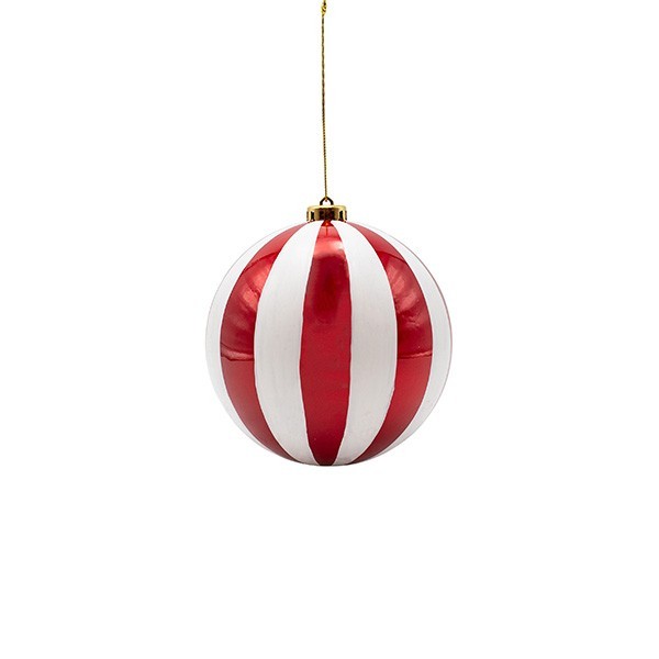 Palline di Natale in plastica rosso perla a righe bianche — 10 cm, set da 6, fotografia su fondo bianco