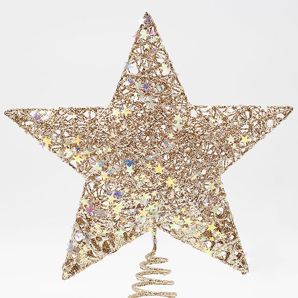 Puntale per albero di Natale con fili champagne e stelline iridescenti, fotografia su fondo bianco
