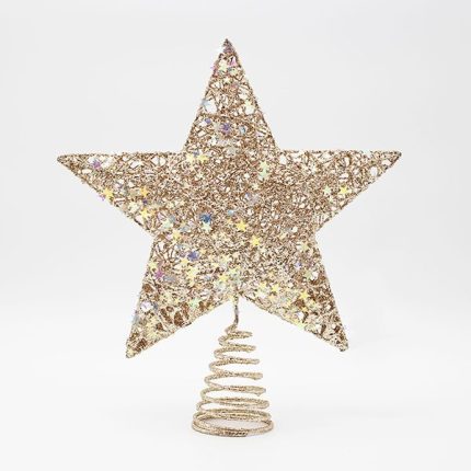 Puntale per albero di Natale con fili champagne e stelline iridescenti, fotografia su fondo bianco