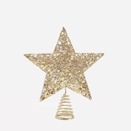 Puntale per albero di Natale con fili oro e stelline iridescenti — 20 × 24,5 cm, fotografia su fondo bianco