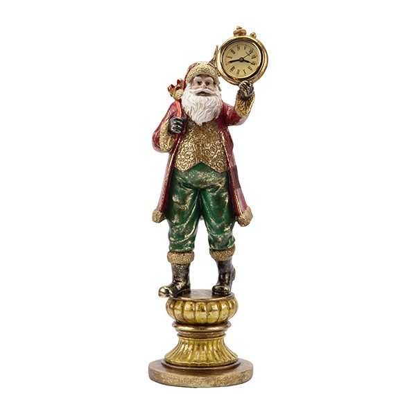Babbo Natale con orologio e mantello rosso in polyresina 37,5 cm, fotografia su fondo bianco