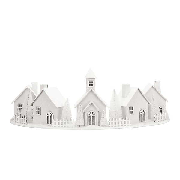 Decorazione natalizia semicircolare luminosa con casette bianche, fotografia su fondo bianco