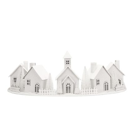 Decorazione natalizia semicircolare luminosa con casette bianche, fotografia su fondo bianco