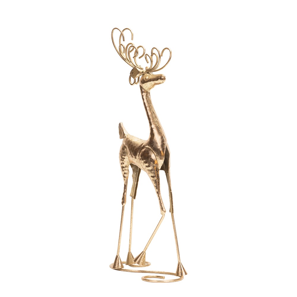 Cervo decorativo oro con base decorata e corna in metallo, fotografia su fondo bianco