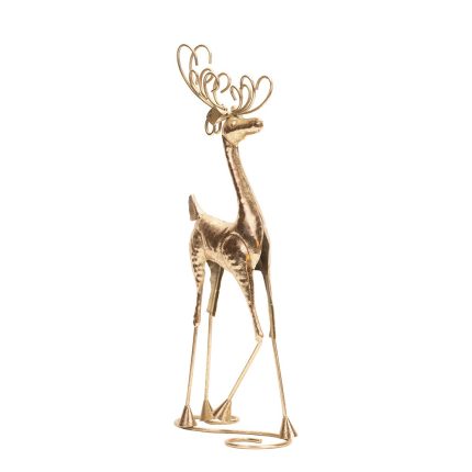 Cervo decorativo oro con base decorata e corna in metallo, fotografia su fondo bianco